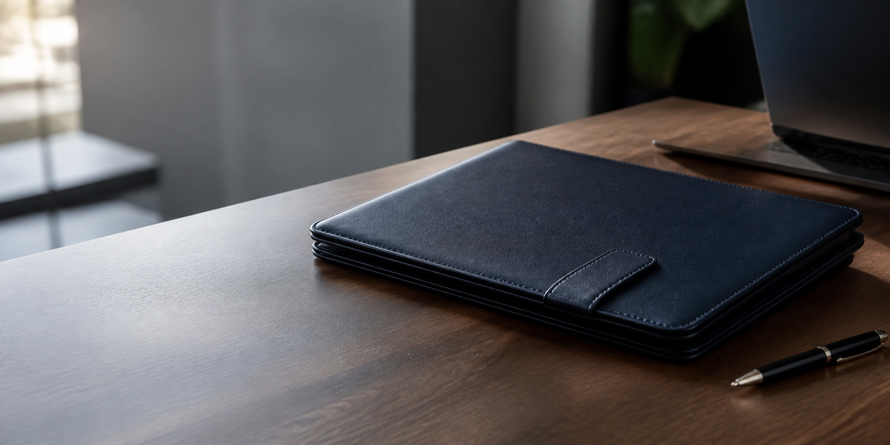Leather portfolio and pen on a desk
